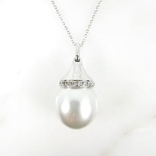 14k White Gold South Sea Pearl Pendant with Diamonds