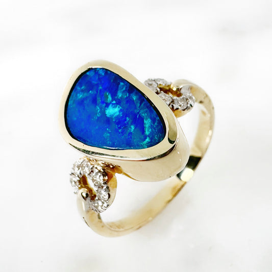 14k Yellow Gold Freeform Australian Opal Ring with Diamonds