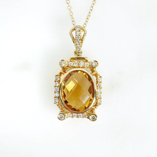 14k Yellow Gold Citrine Pendant with Diamonds