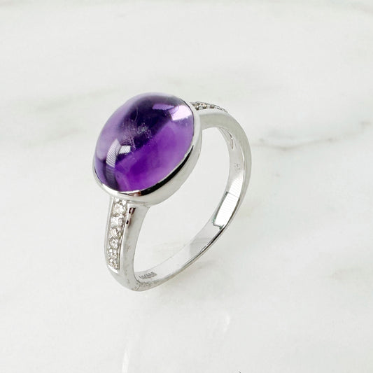 14K White Gold Oval Amethyst Ring with Diamonds