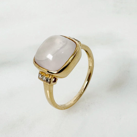 18K Yellow Gold Cushion Rose Quartz Ring with Diamonds