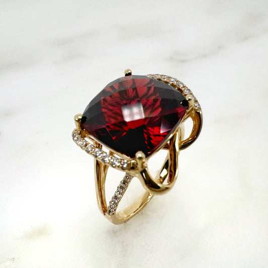 14K Yellow Gold Cushion Garnet Ring with Diamonds