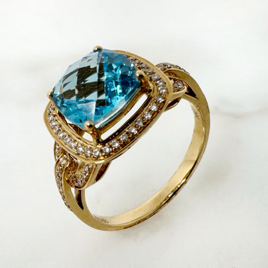 18K Yellow Gold Cushion Blue Topaz Ring with Diamonds