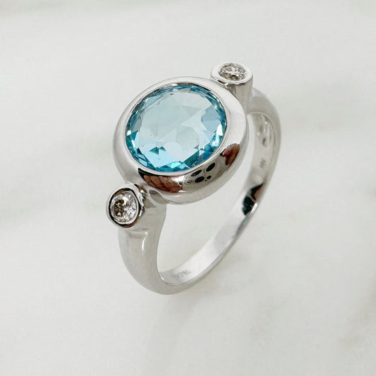 18K White Gold Round Blue Topaz Ring with Diamonds