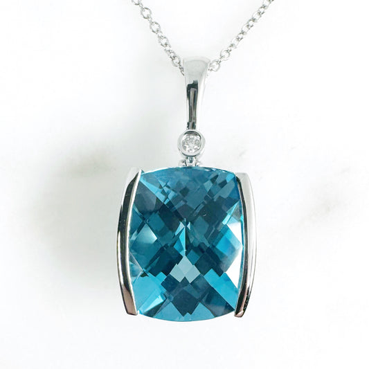 14k White Gold Swiss Blue Topaz Pendant with Diamonds