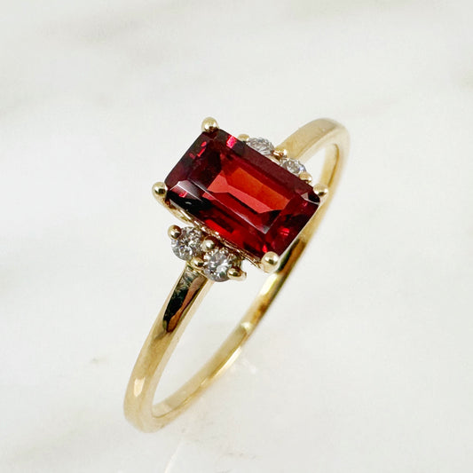 14K Yellow Gold Cushion Garnet Ring with Diamonds