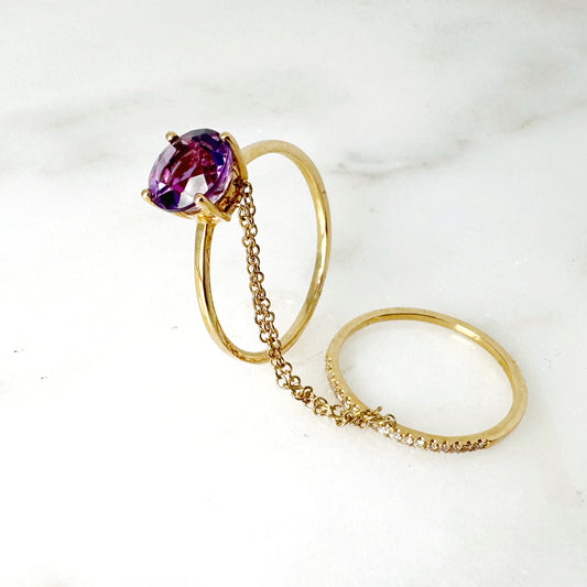 14K Yellow Gold Round Amethyst Ring with Diamonds