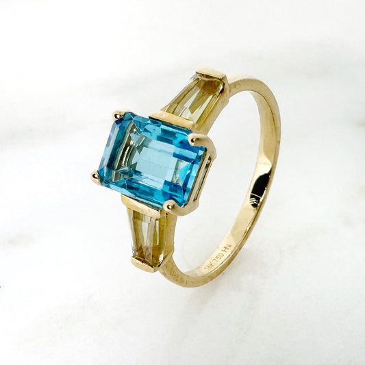 18K Yellow Gold Octagon Blue Topaz Ring