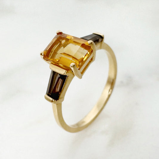 18K Yellow Gold Octagon Citrine + Smoky Quartz Ring