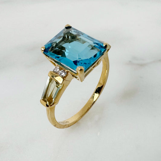 18K Yellow Gold Octagon Blue Topaz + Lemon Quartz Ring with Diamonds