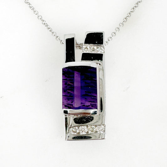 18K White Gold Rectangle Amethyst Pendant with Diamonds