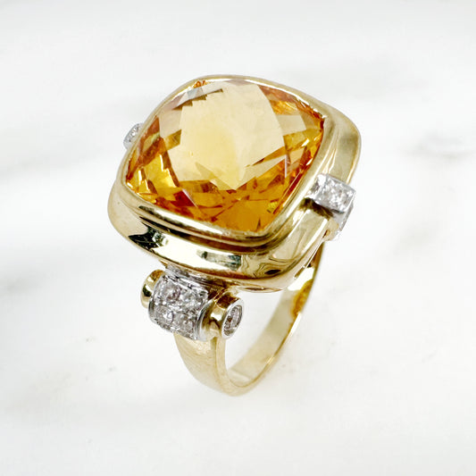 14K Yellow Gold Cushion Citrine Ring with Diamonds