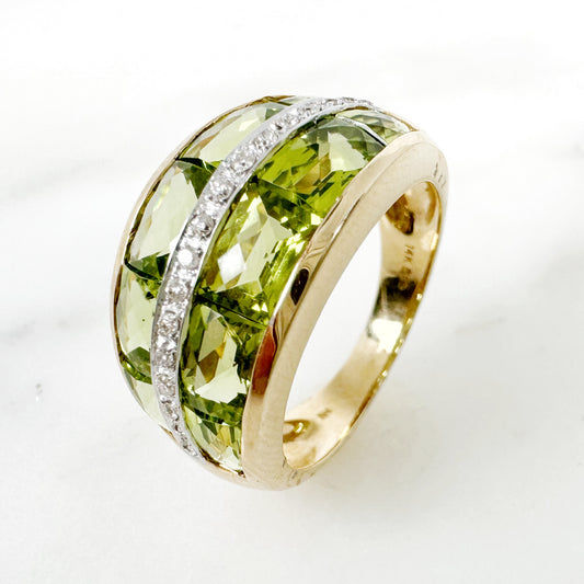 14K Yellow Gold Freeform Peridot Ring with Diamonds