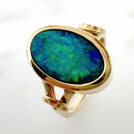 14K Yellow Gold Freeform Australian Doublet Opal Ring