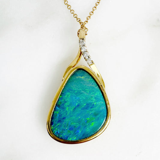 14K Yellow Gold Freeform Doublet Opal Pendant with Diamonds