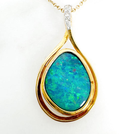 14K Yellow Gold Freeform Doublet Opal Pendant with Diamonds