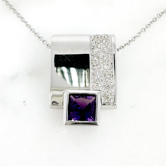 18K White Gold squard Amethyst Pendant with Diamonds