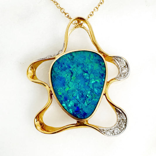 14K Yellow Gold Freeform Doublet Opal Pendant with Diamonds