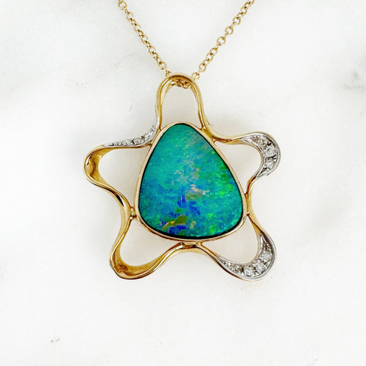 14K Yellow Gold Freeform Doublet Opal Pendant with Diamonds