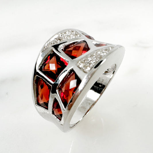 14K White Gold Freeform Garnet Ring with Diamonds