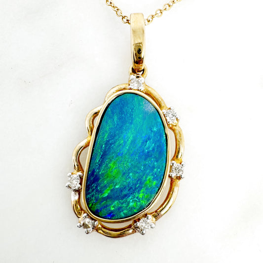 14K Yellow Gold Freeform Doublet Opal Pendant with Diamonds