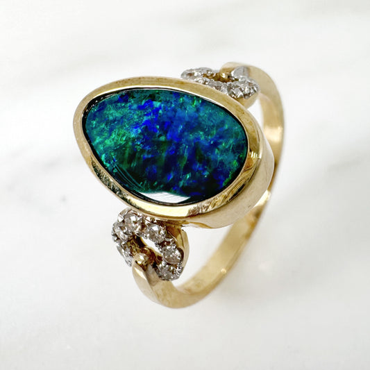 14K Yellow Gold Freeform Australian Doublet Opal Ring with Diamonds