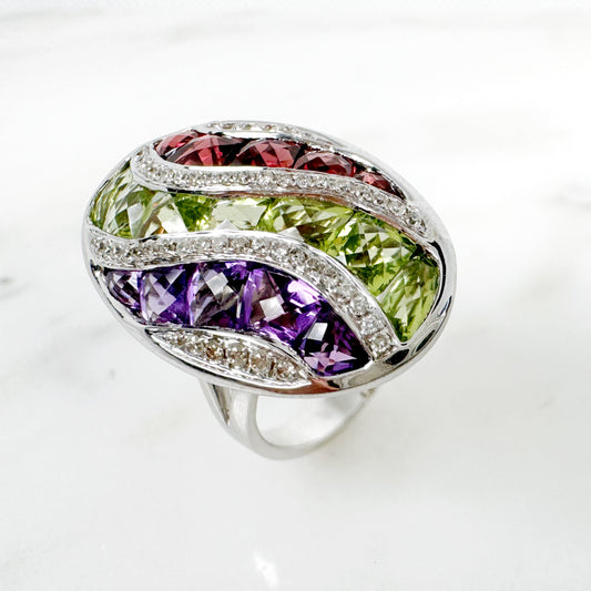 14K White Gold Freeform Multi-Stone Ring with Diamonds