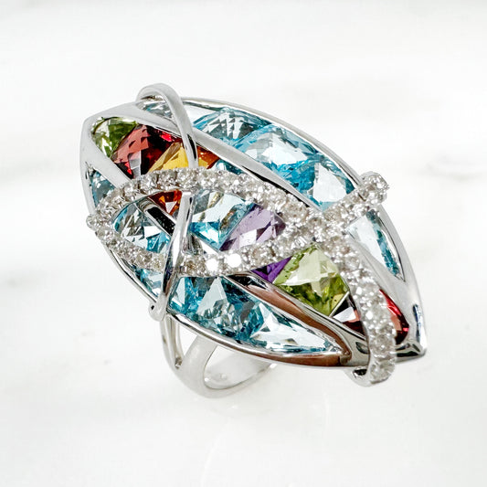 14K White Gold Freeform Multi-Gems Ring with Diamonds