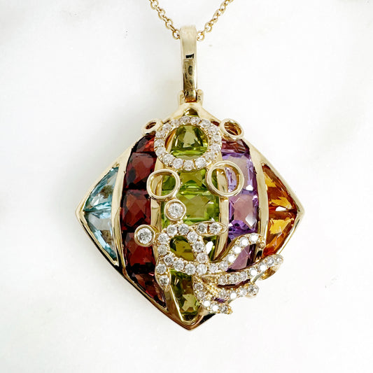 14K Yellow Gold Freeform Multi-Gems Pendant with Diamonds