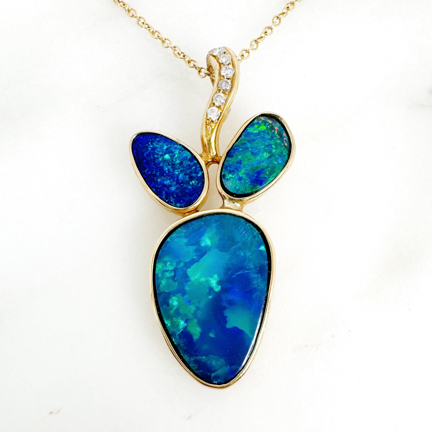 14K Yellow Gold Freeform Doublet Opal Pendant with Diamonds