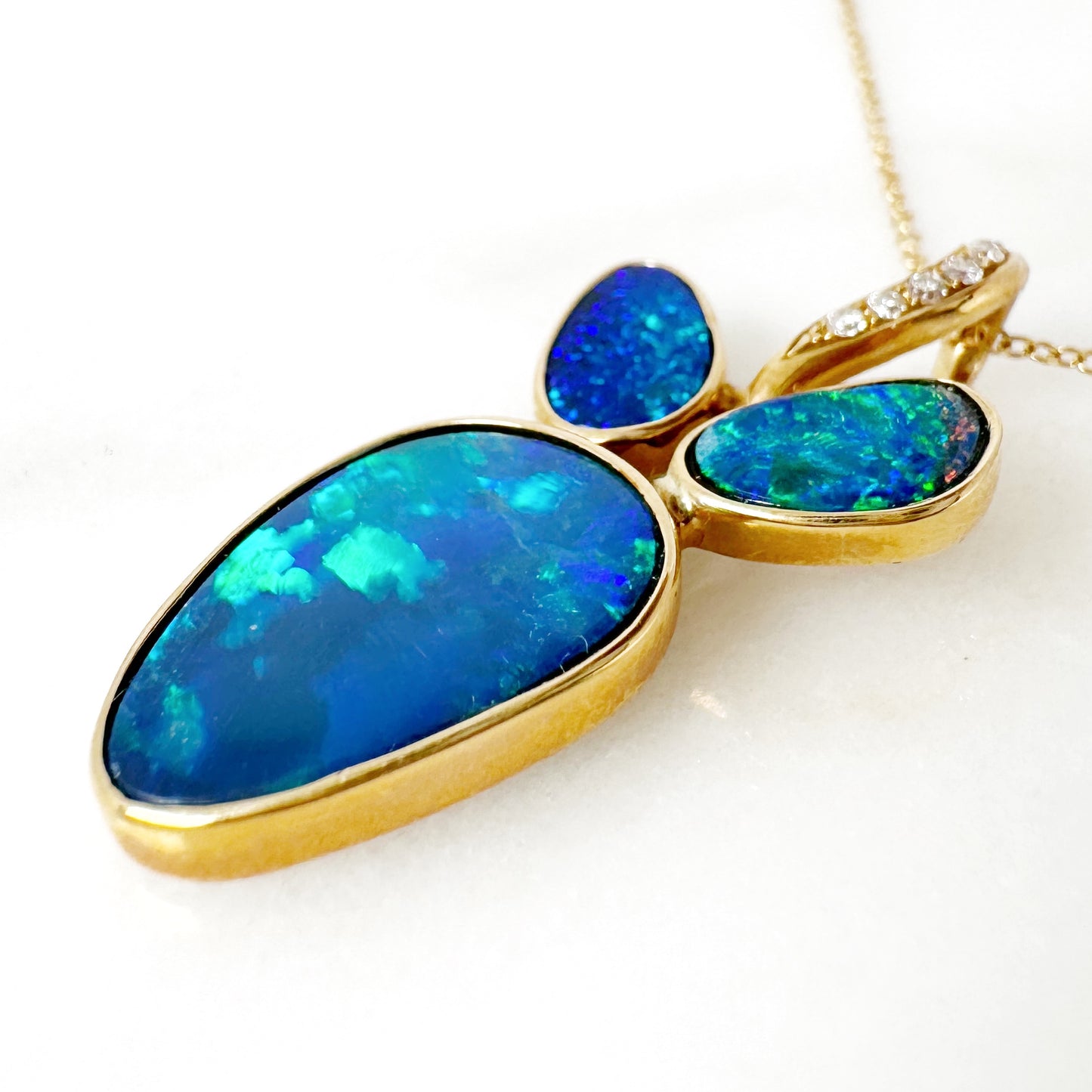 14K Yellow Gold Freeform Doublet Opal Pendant with Diamonds