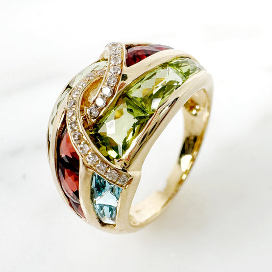 14K Yellow Gold Freeform Multi-Stone Ring with Diamonds