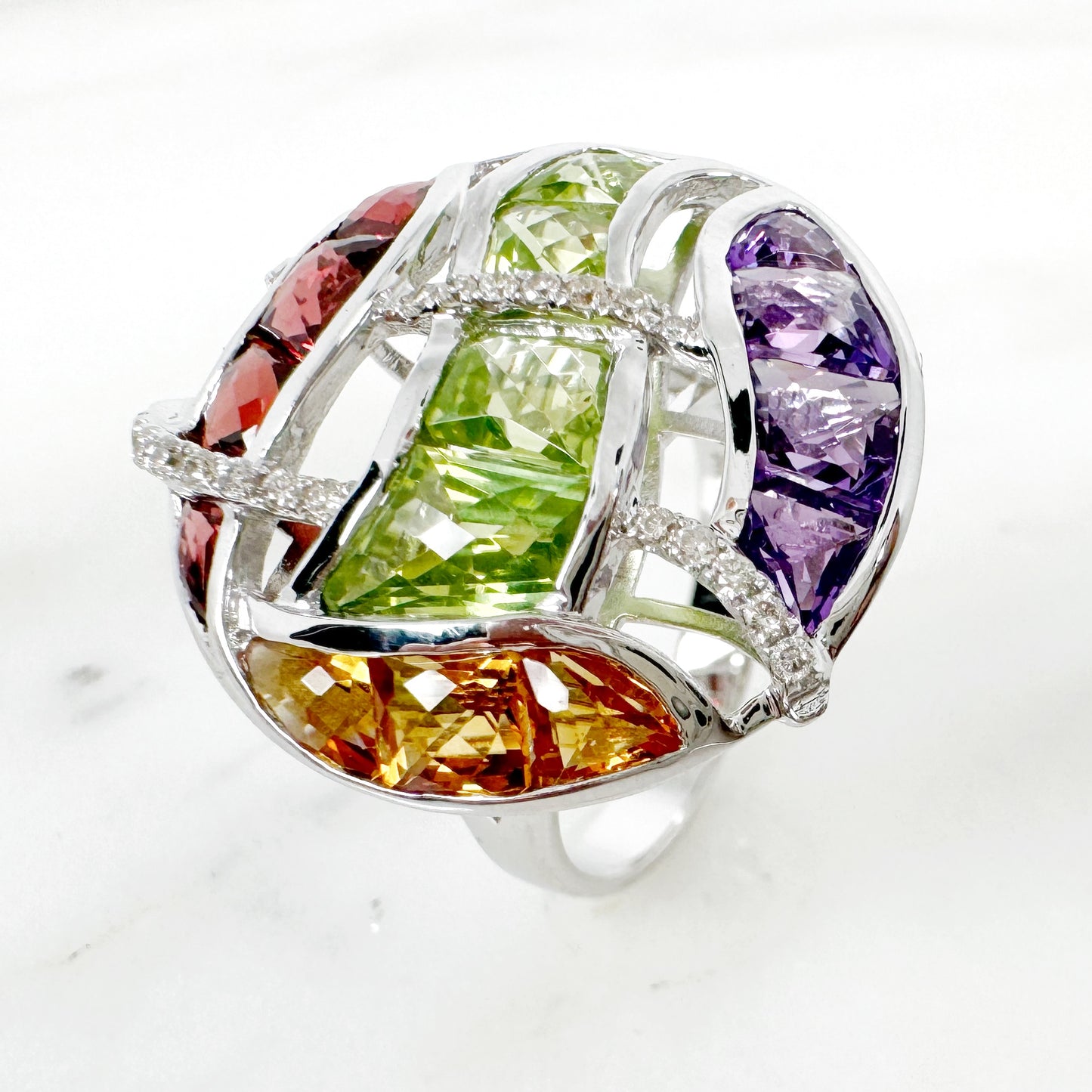 14K White Gold Freeform Multi-Stone Ring with Diamonds