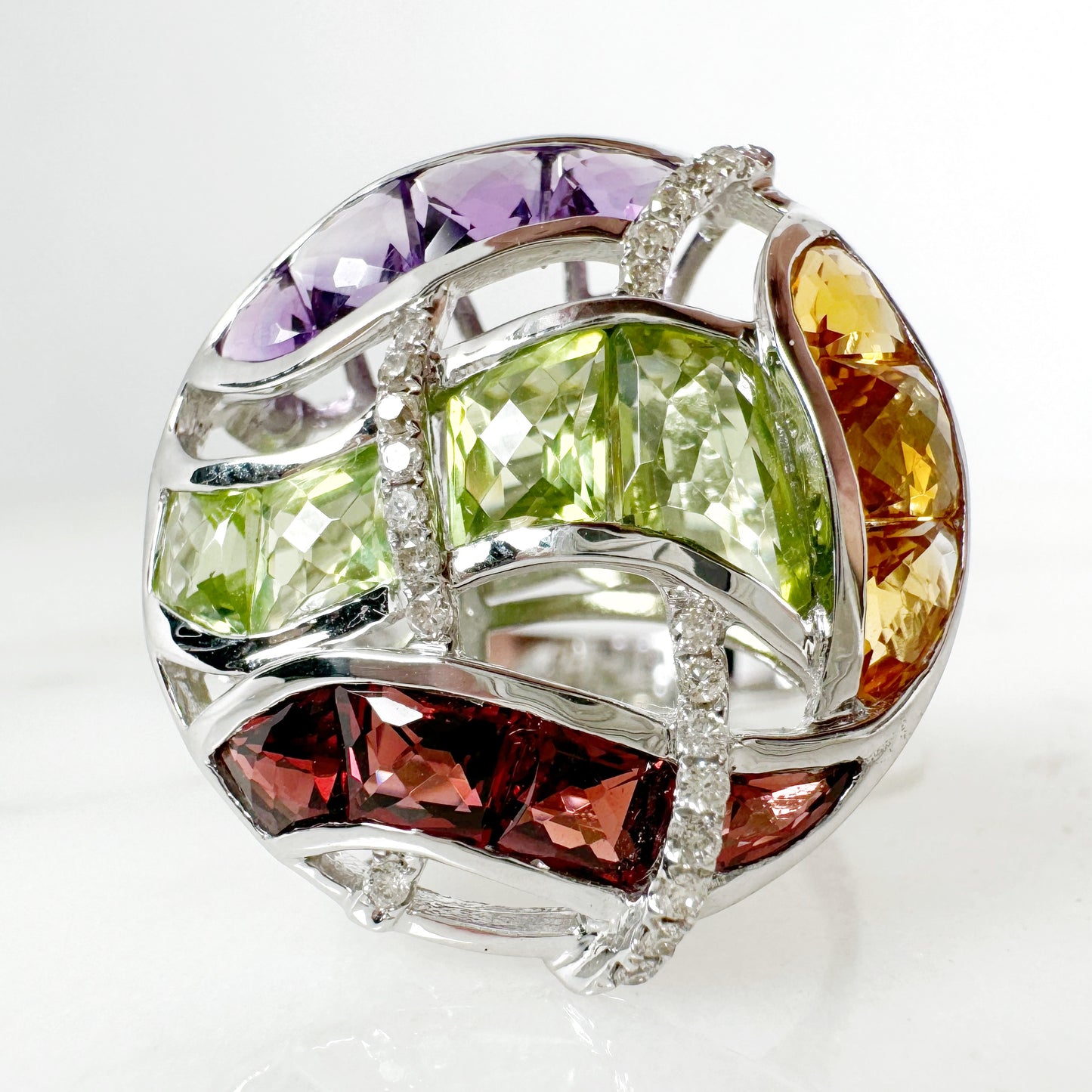 14K White Gold Freeform Multi-Stone Ring with Diamonds