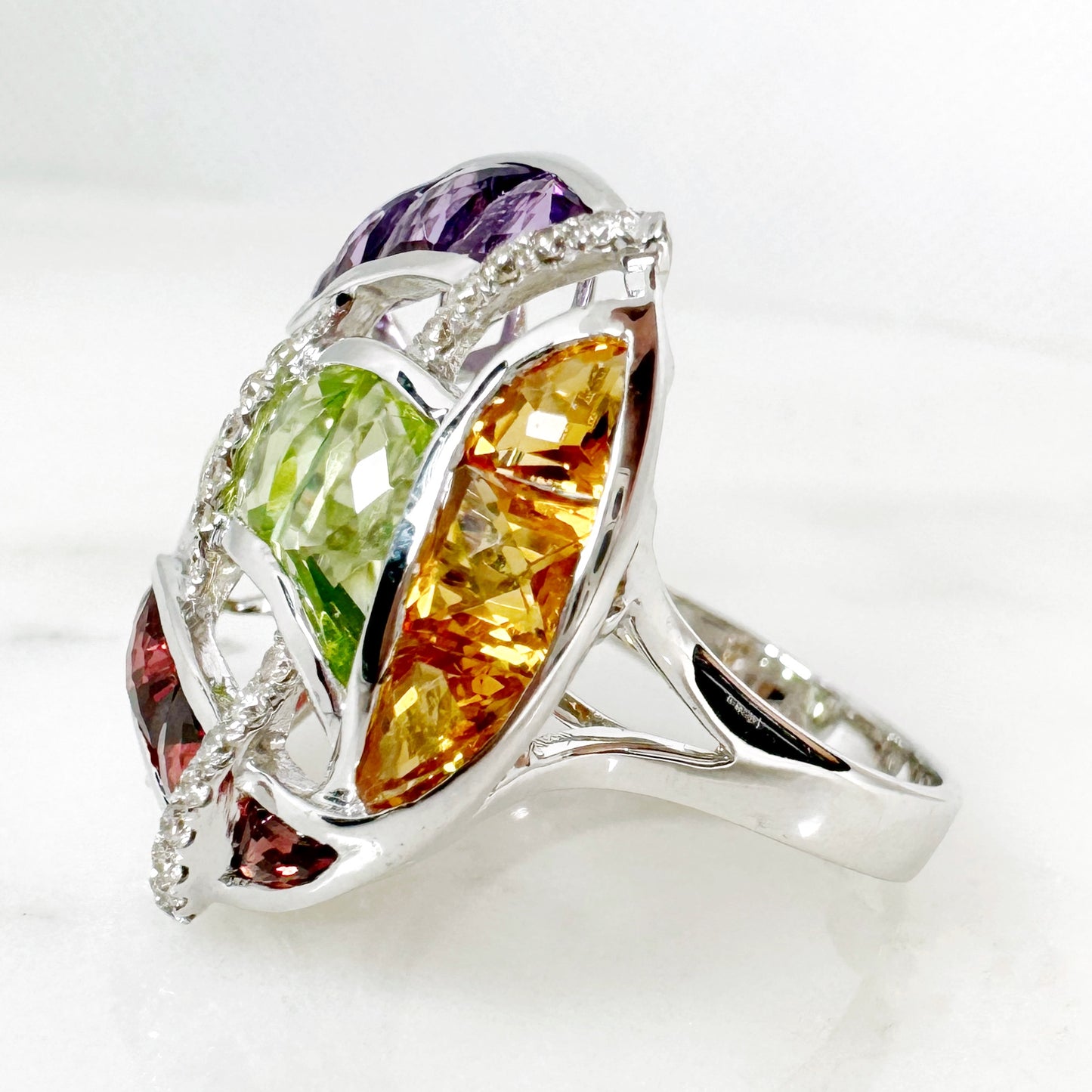 14K White Gold Freeform Multi-Stone Ring with Diamonds