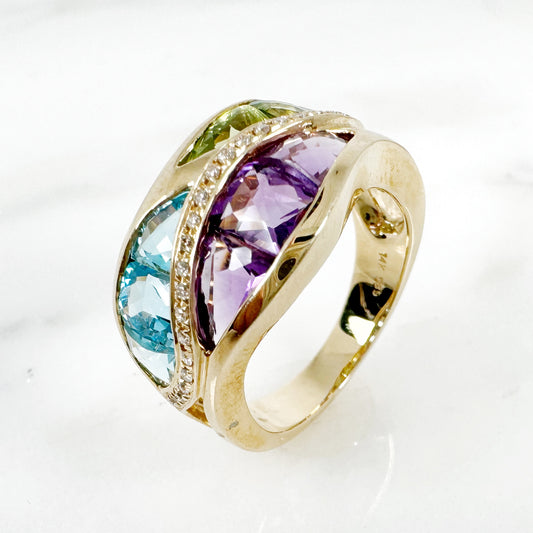 14K Yellow Gold Freeform Multi-Stone Ring with Diamonds