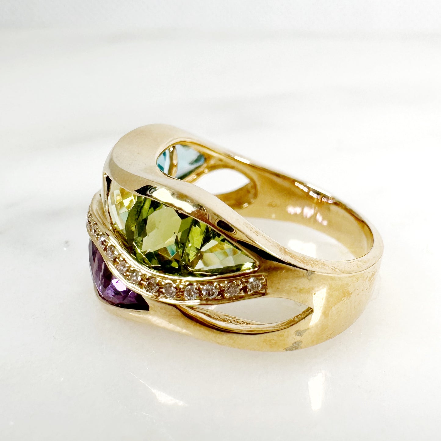 14K Yellow Gold Freeform Multi-Stone Ring with Diamonds