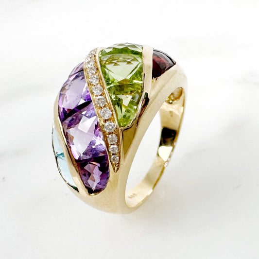 14K Yellow Gold Freeform Multi-Stone Ring with Diamonds