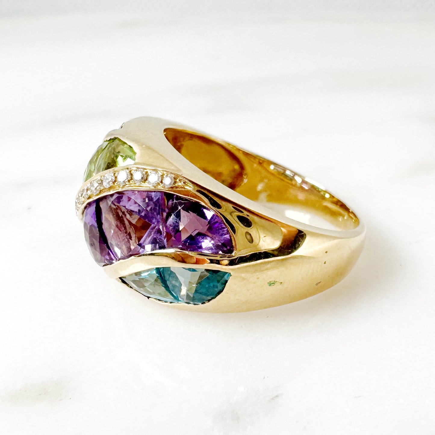 14K Yellow Gold Freeform Multi-Stone Ring with Diamonds