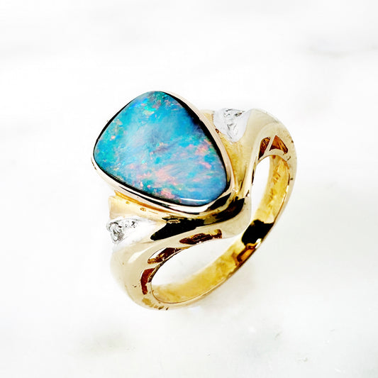 14k Yellow Gold Freeform Australian Opal Ring with Diamonds