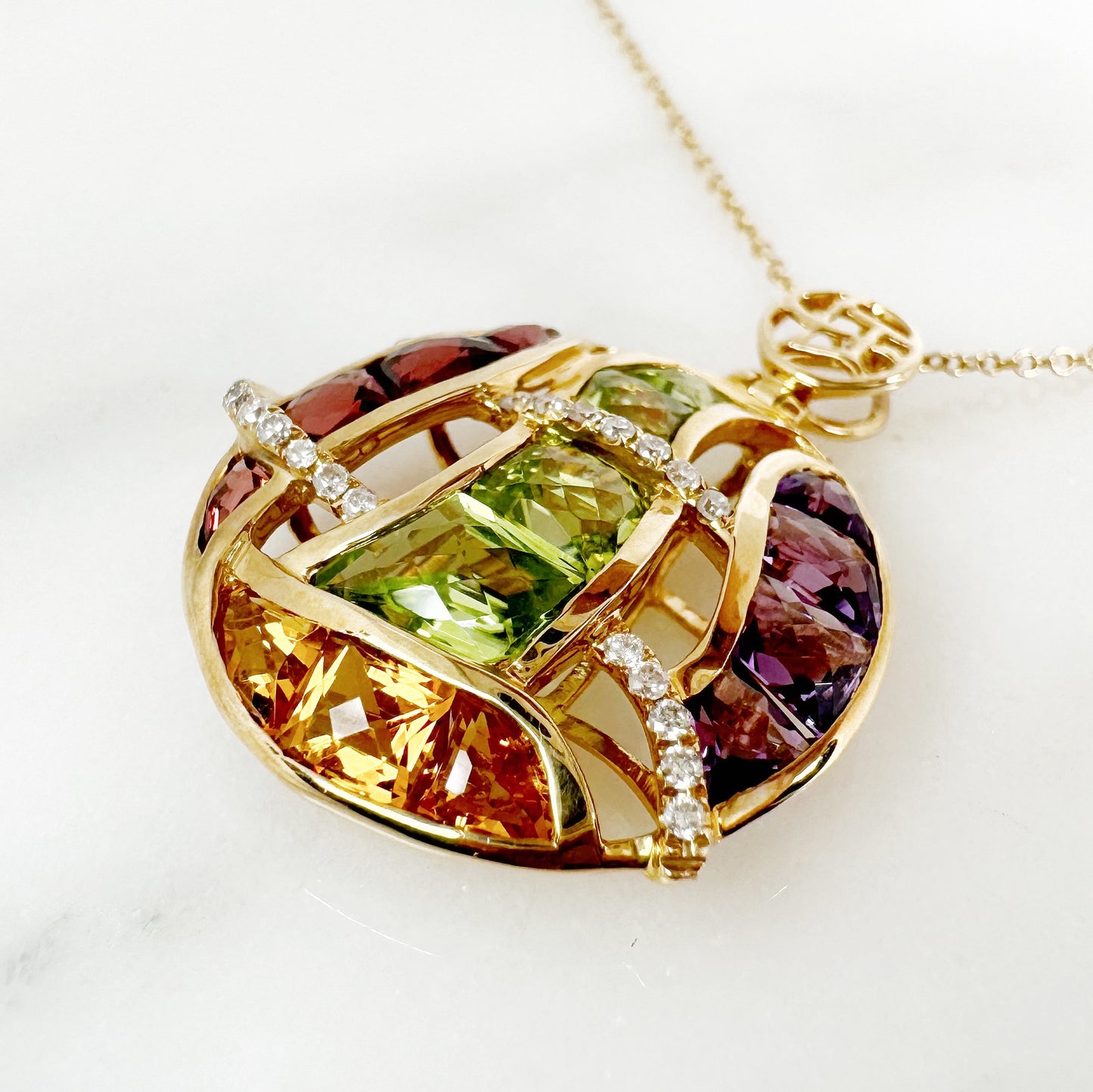 14K Yellow Gold Freeform Multi-Stone Pendant with Diamonds