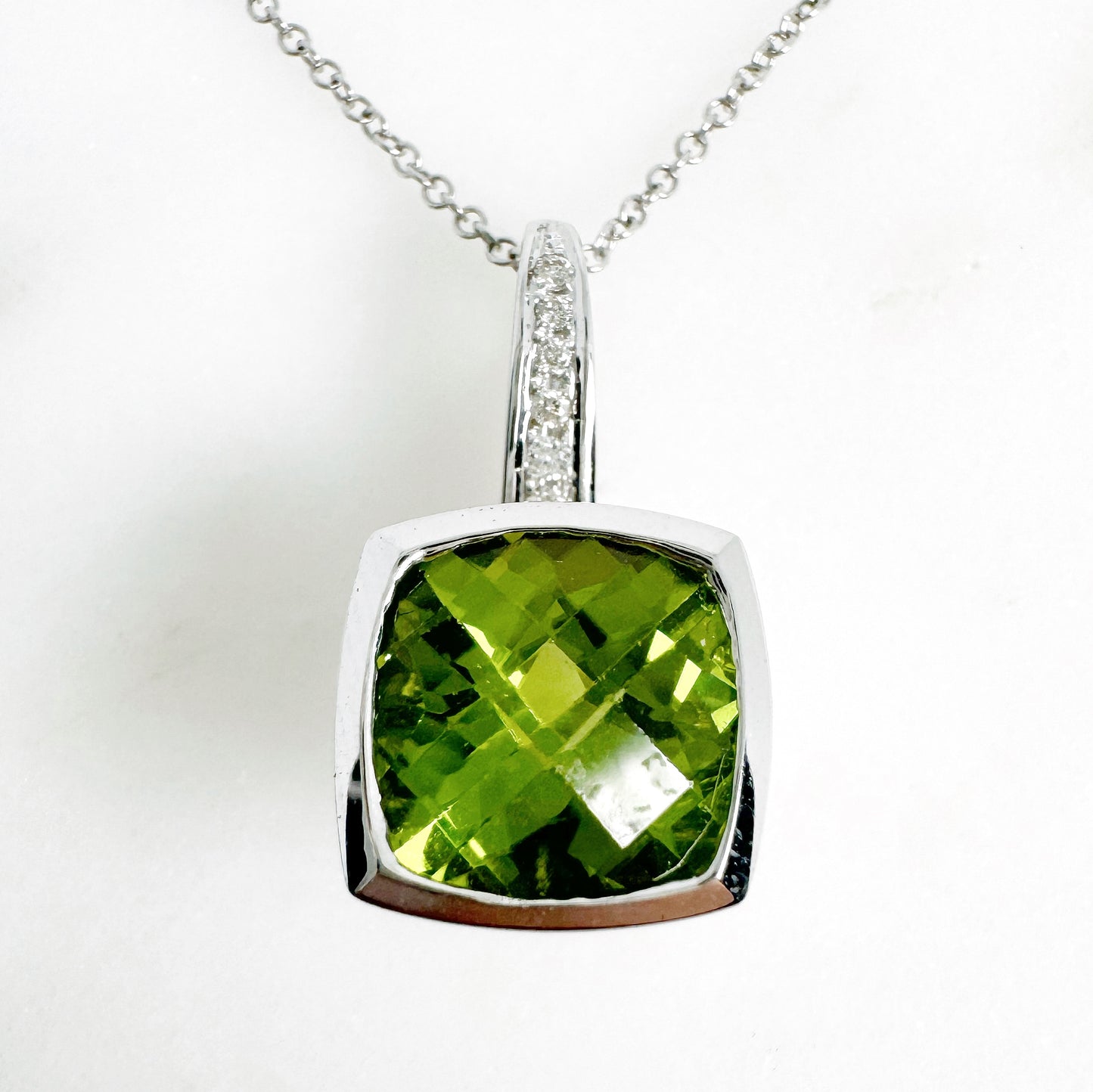 14K White Gold Cushion Peridot Pendant with Diamonds