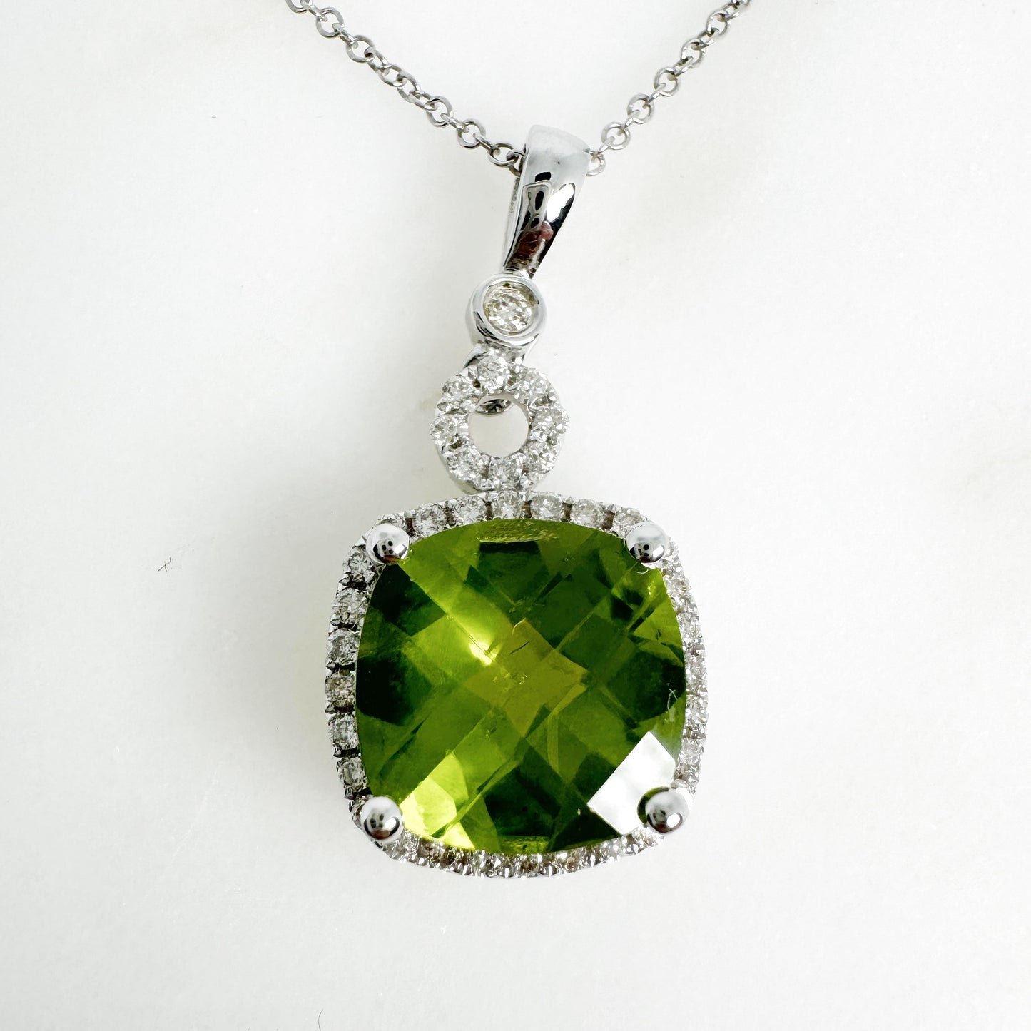 14K White Gold Cushion Peridot Pendant with Diamonds