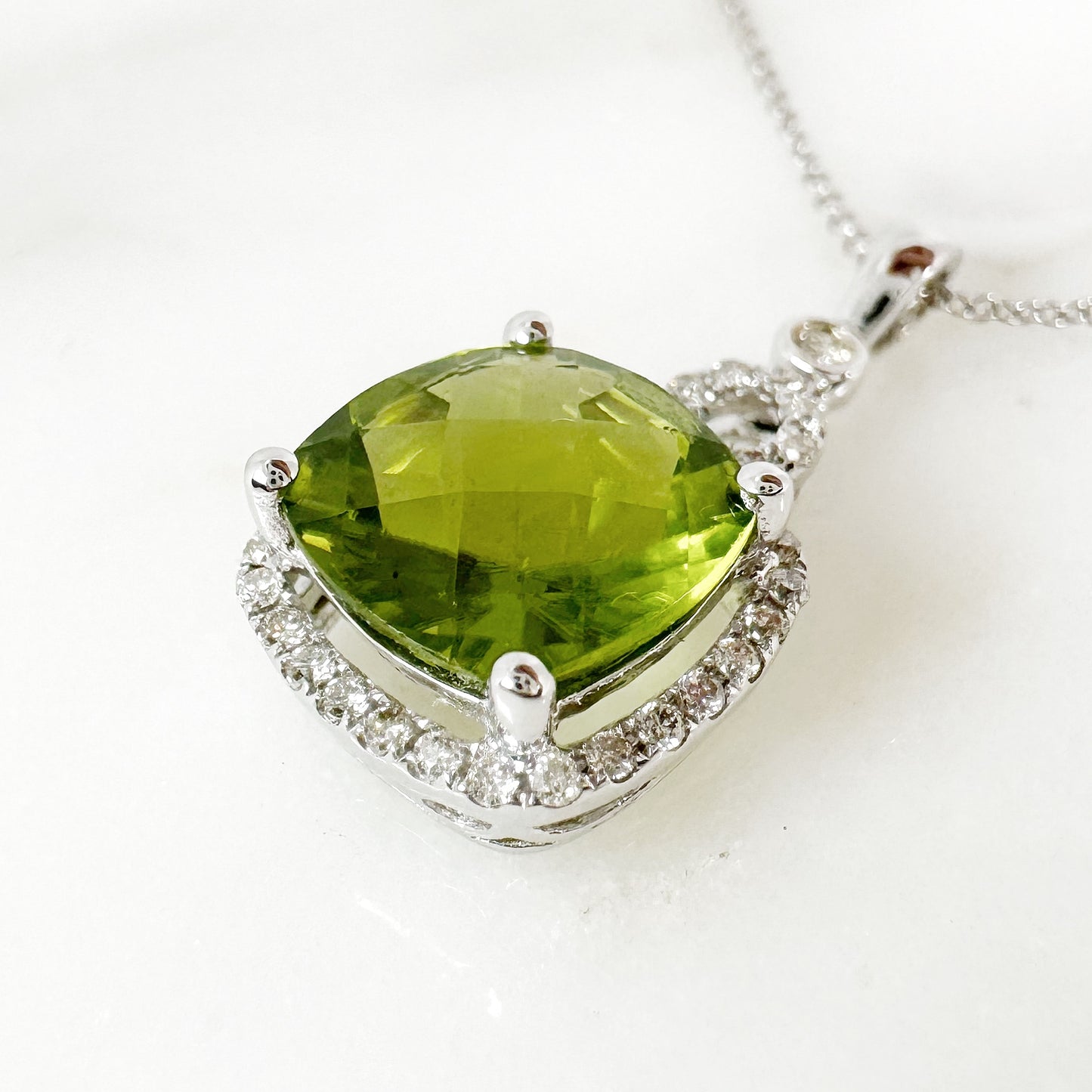 14K White Gold Cushion Peridot Pendant with Diamonds