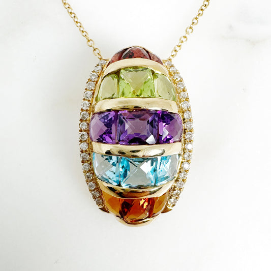 14K Yellow Gold Freeform Multi-Gems Pendant with Diamonds