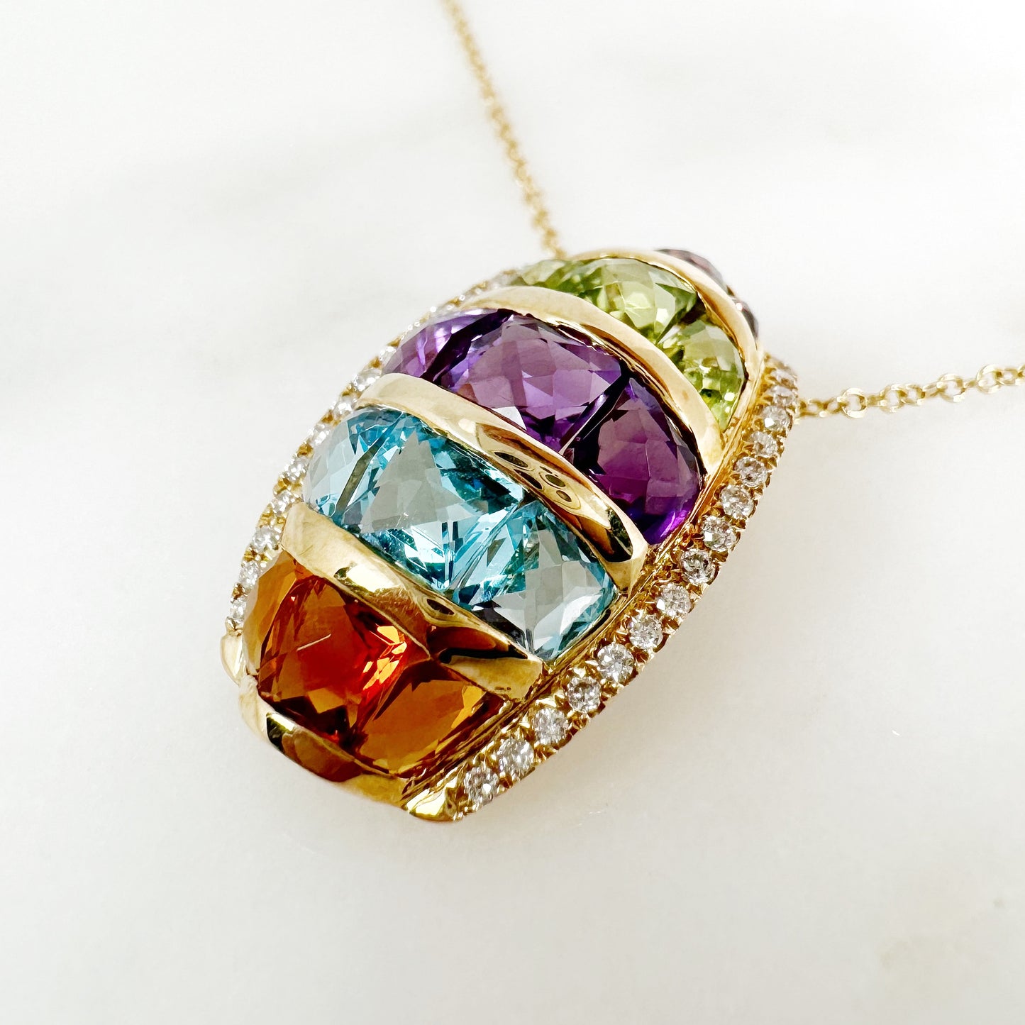 14K Yellow Gold Freeform Multi-Gems Pendant with Diamonds