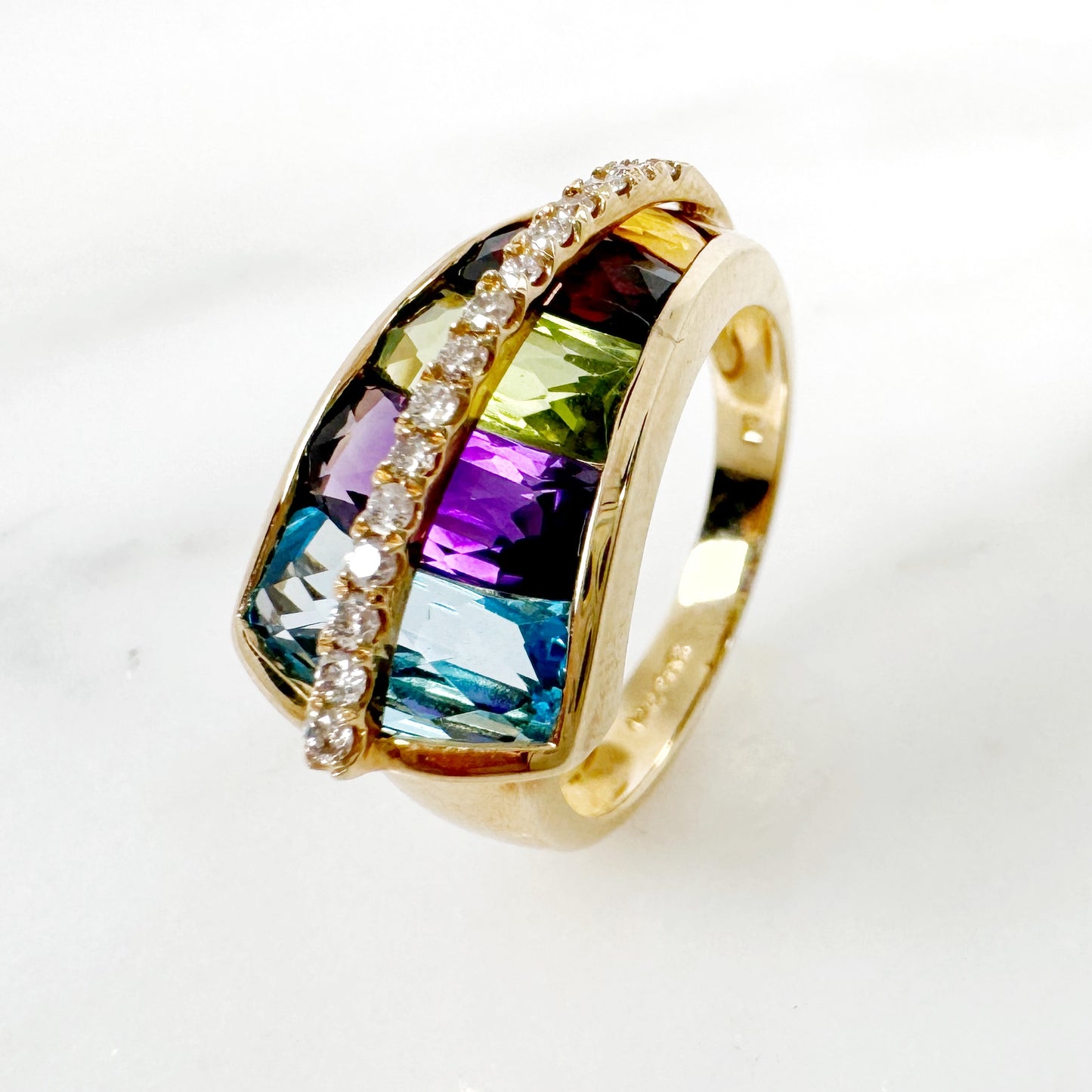 14K Yellow Gold Freeform Multi-Gems Ring with Diamonds