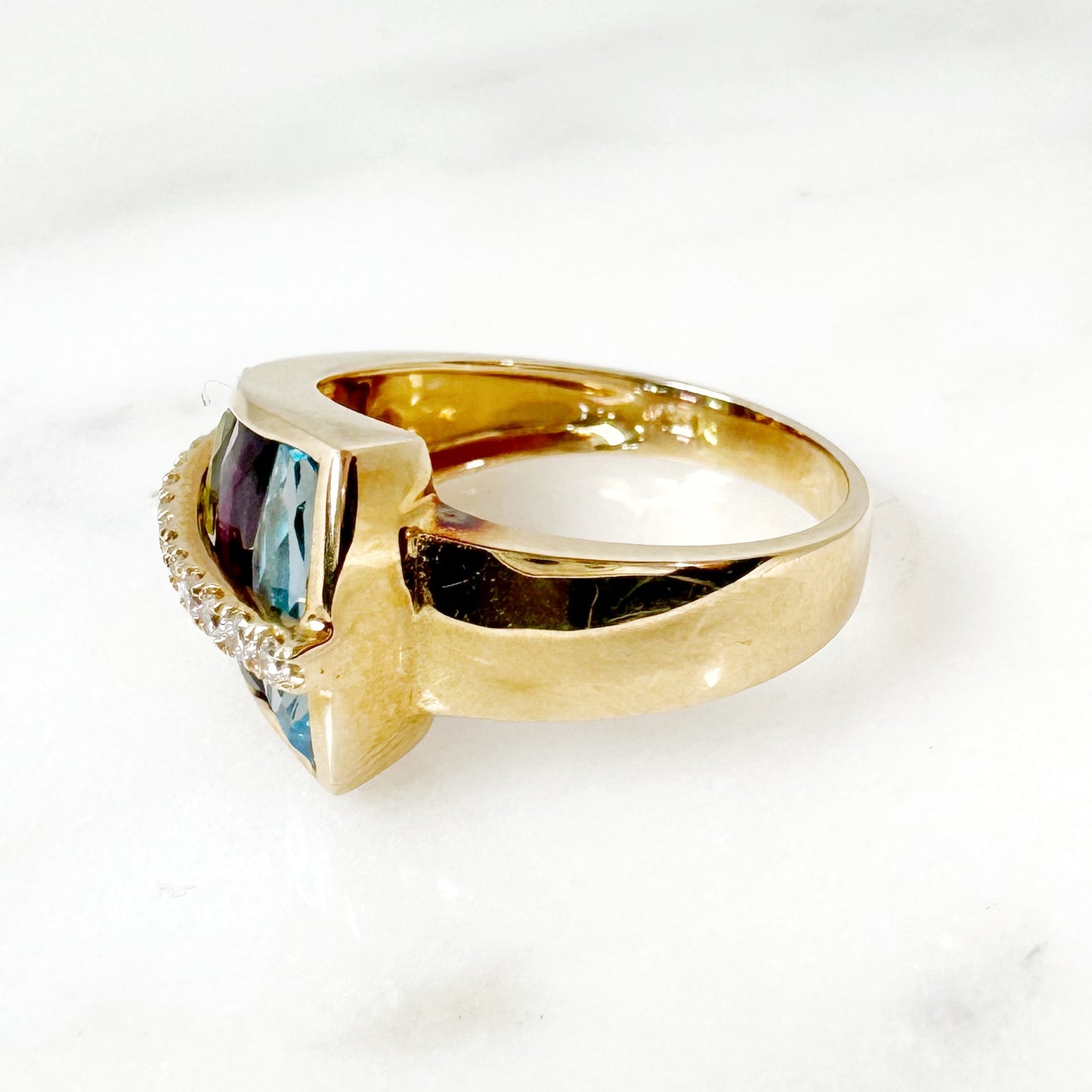 14K Yellow Gold Freeform Multi-Gems Ring with Diamonds