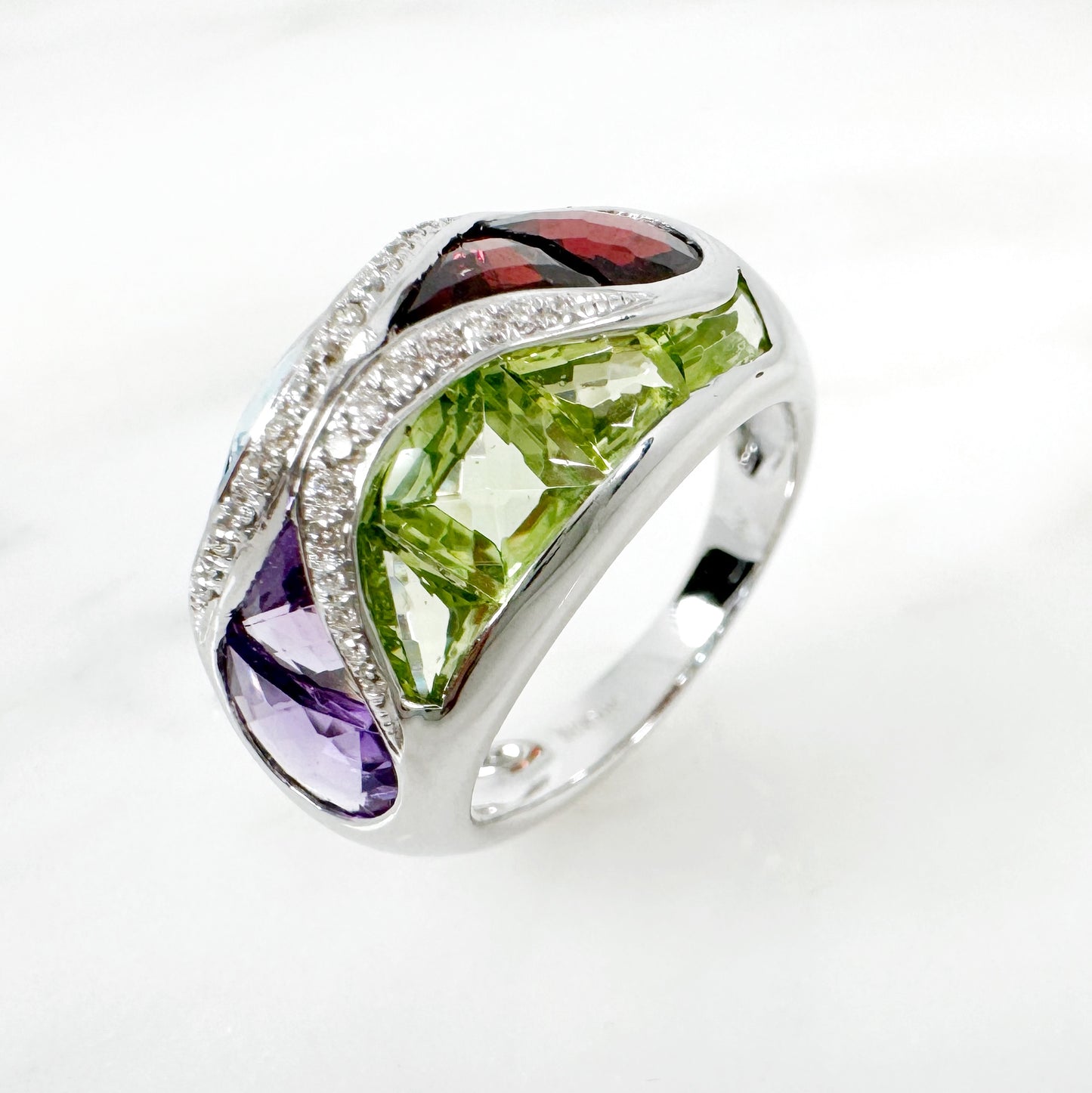 18K White Gold Freeform Multi-Stone Ring with Diamonds