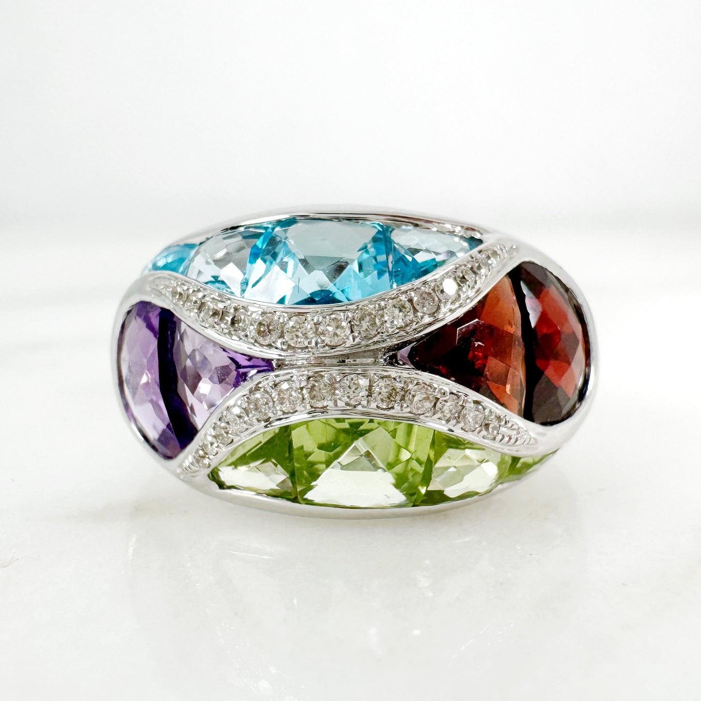 18K White Gold Freeform Multi-Stone Ring with Diamonds